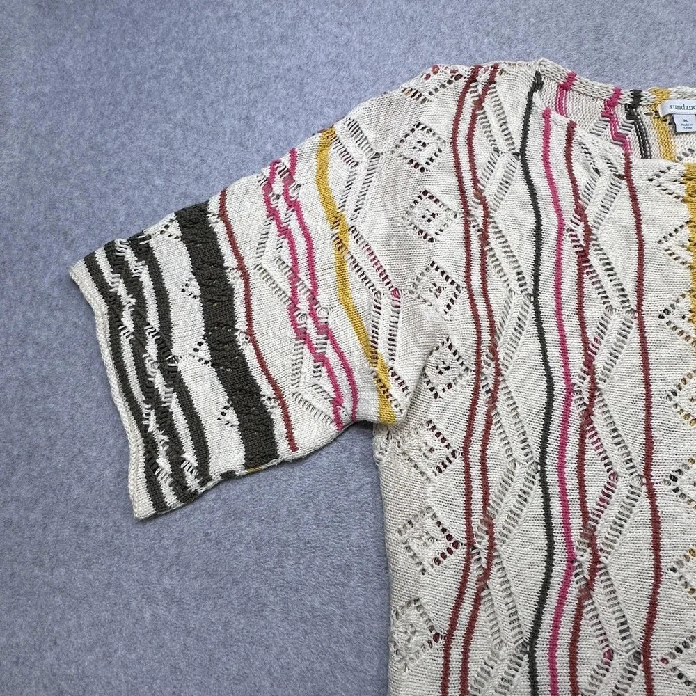 Sundance Sweater Womens Medium Cream Colorful Stripe Open Knit Short Sleeve Top